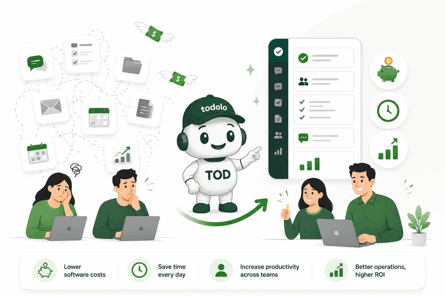 Before and after: stressed teams with disconnected tools and wasted spend, then TOD the mascot guiding them to an organized Todolo app with savings, time, and growth.