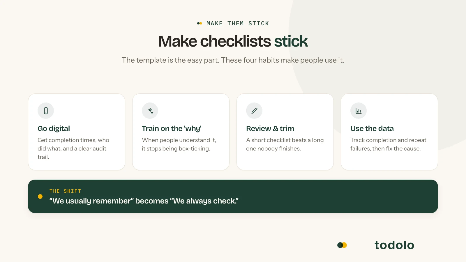 Making restaurant checklists stick: go digital, train on the why, trim the list, and act on the data