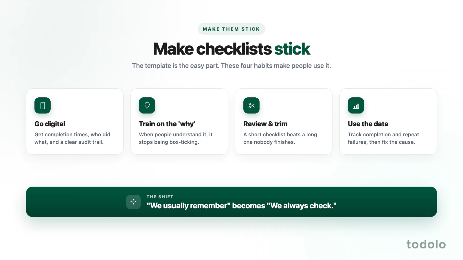 Making restaurant checklists stick: go digital, train on the why, trim the list, and act on the data