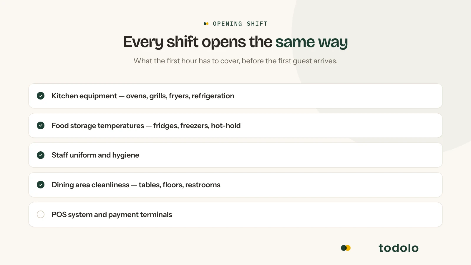 Restaurant opening shift checklist: equipment, temperatures, and the dining room ready before the first guest