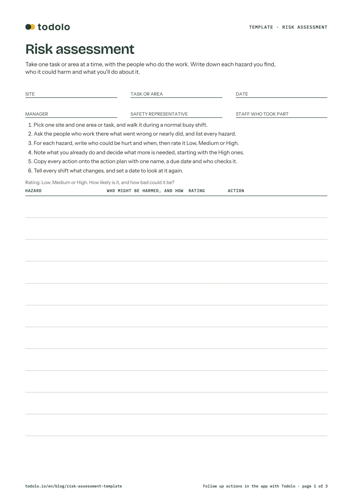 Risk assessment template, page 1: fields for the site, task or area, date and who took part, six steps and a table for each hazard, who might be harmed and how, the rating and the action