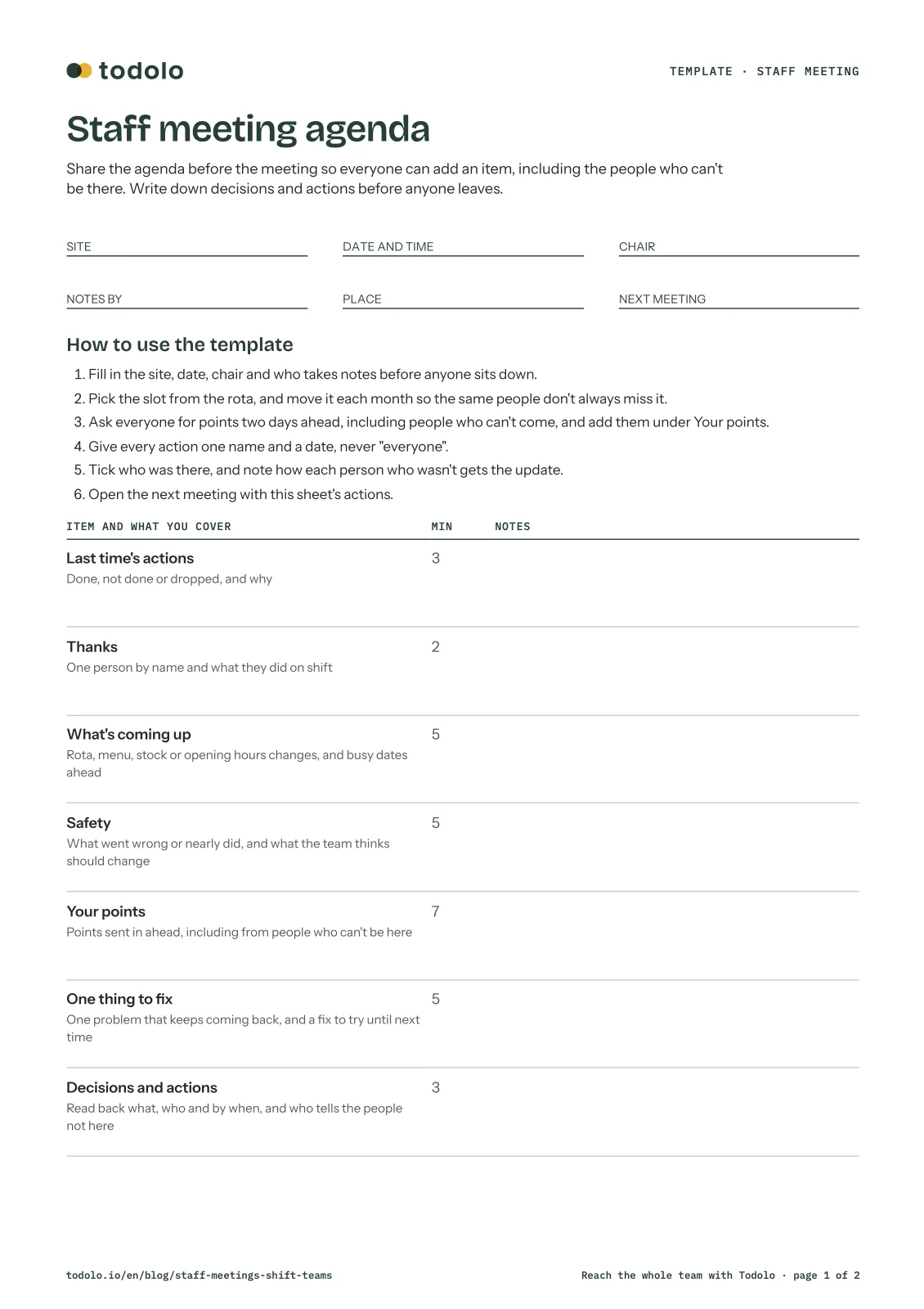 Staff meeting agenda template, page 1: fields for the site, date and time, chair and note taker, six instructions and a 30-minute agenda with room for notes next to each item