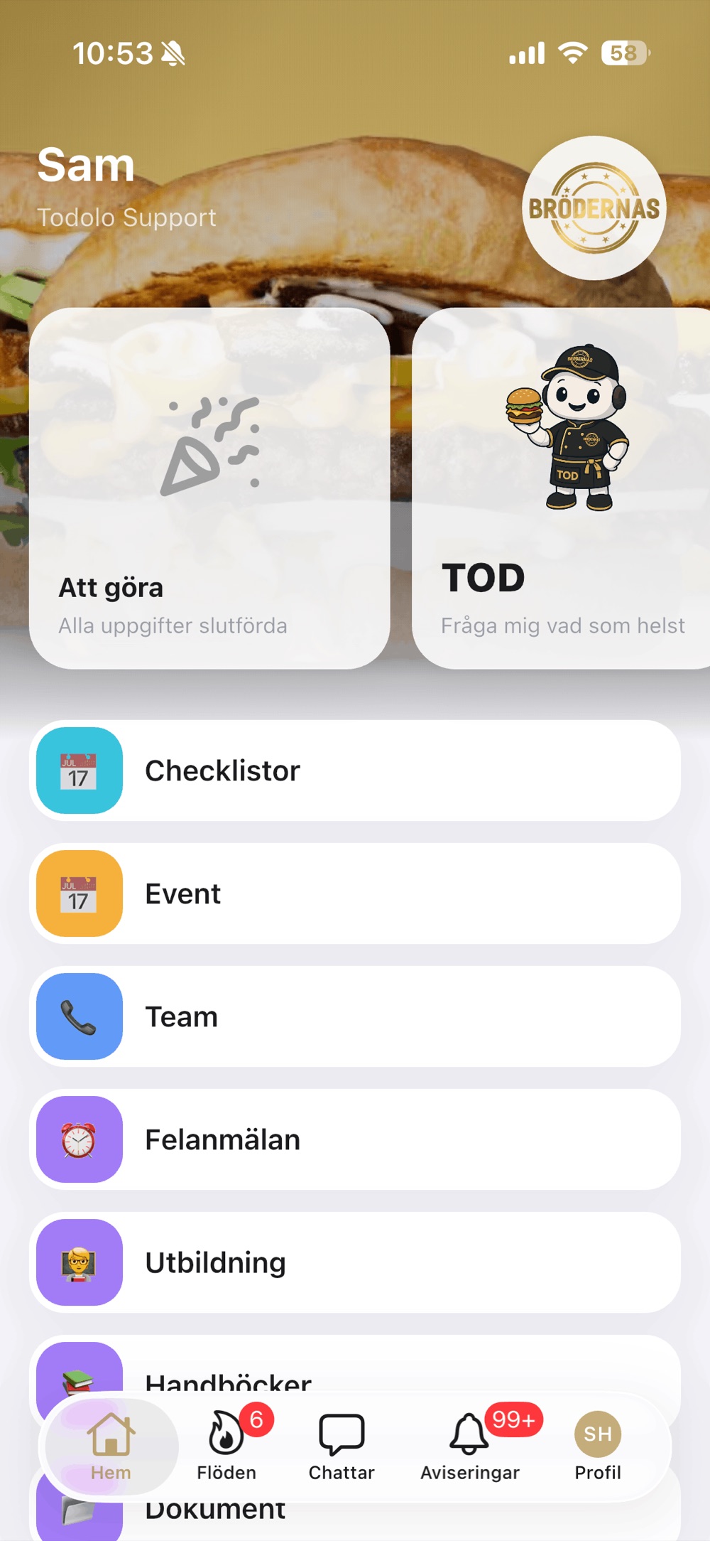 Brödernas Todolo-hemskärm: deras modulikoner, det gula Brödernas-märket och TOD i Brödernas-keps.