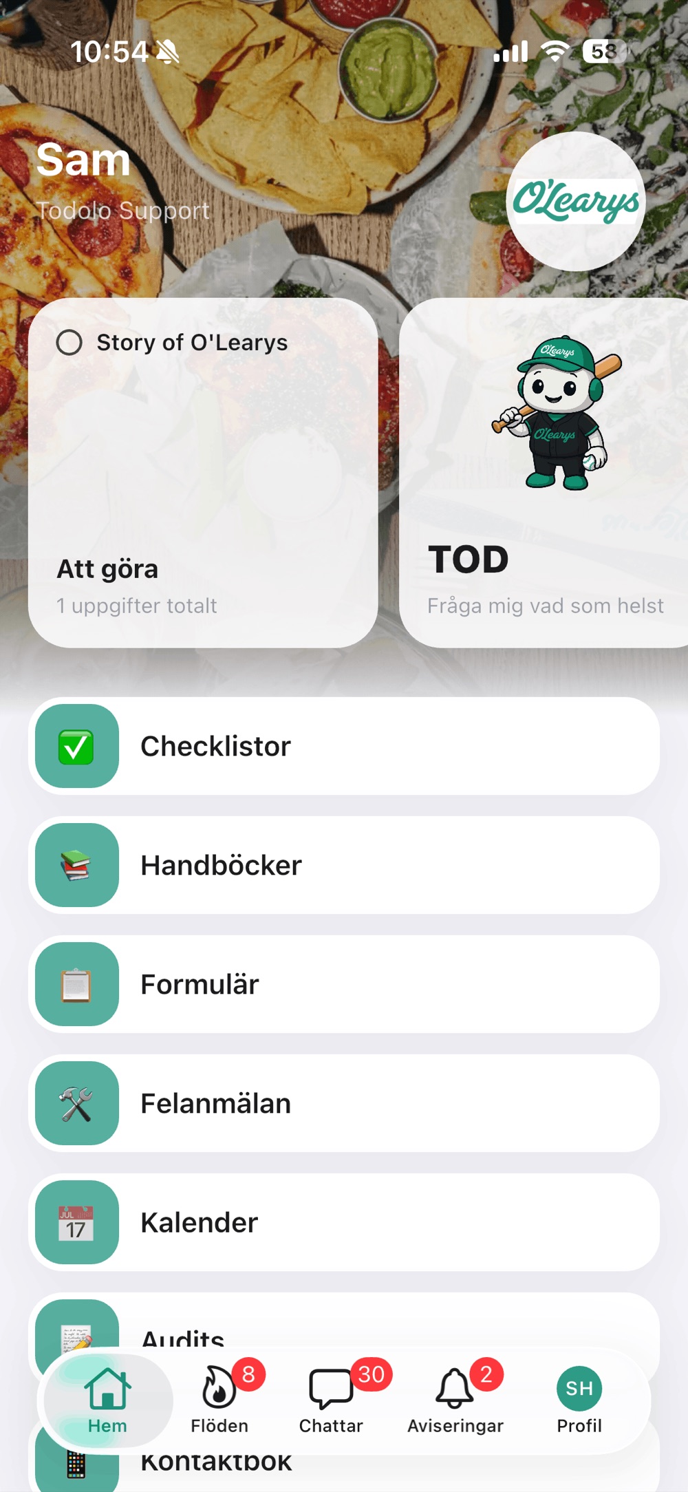 O'Learys Todolo-hemskärm: gröna modulikoner, O'Learys-märket och TOD i O'Learys-tröja.